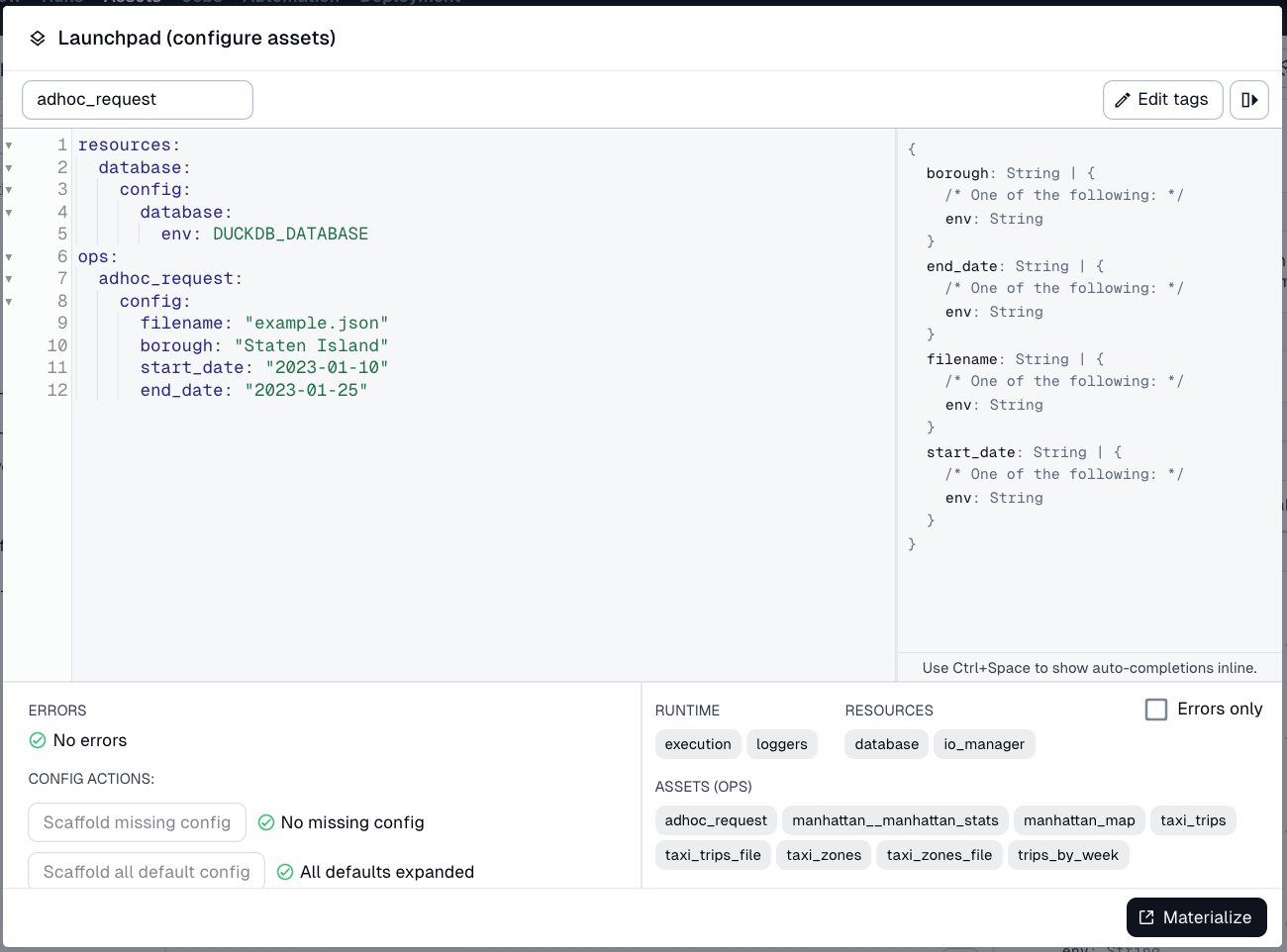 Pre-populated Launchpad for the adhoc_request_job job, using config from the january-staten-island.json file