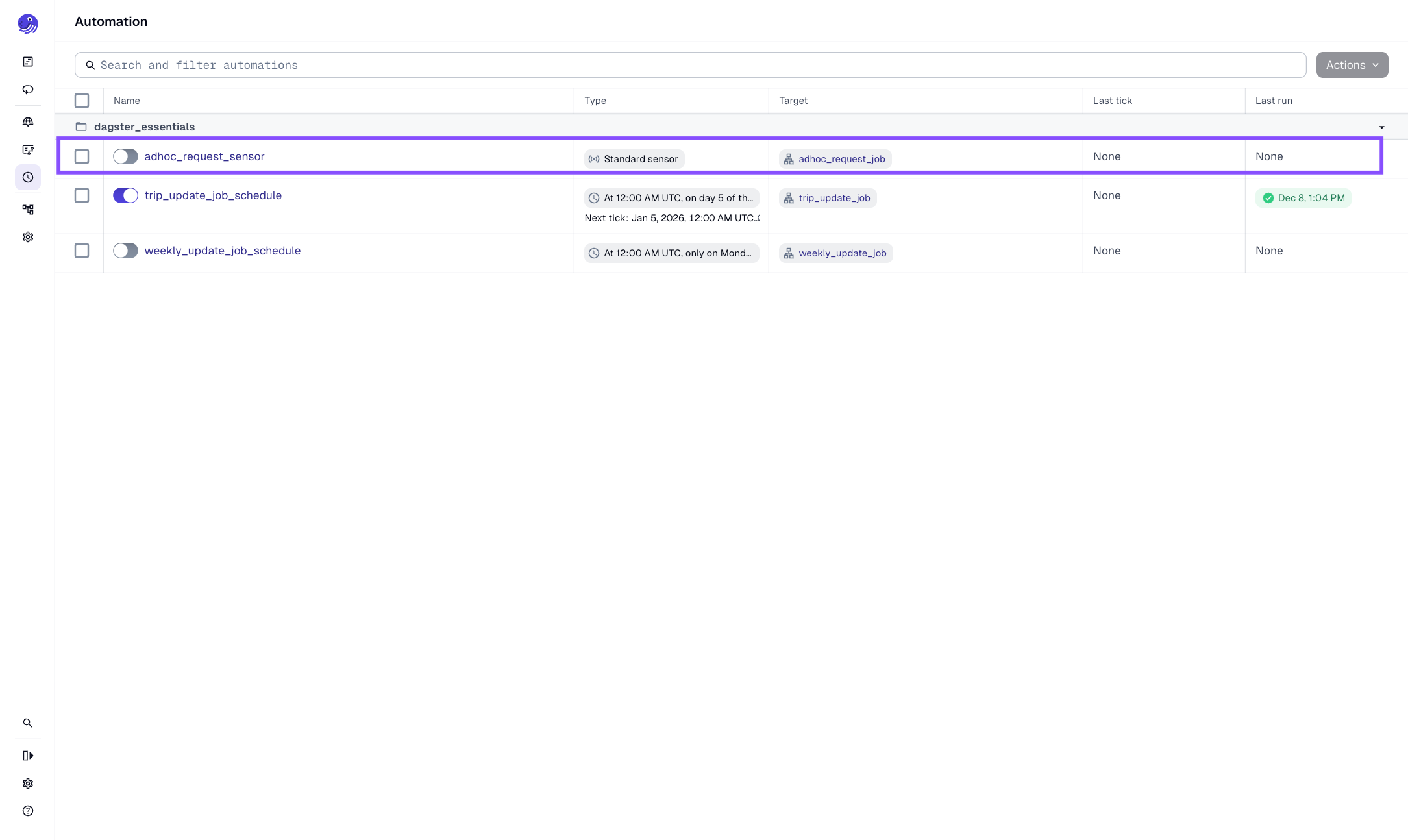 The Sensors tab in the Dagster UI